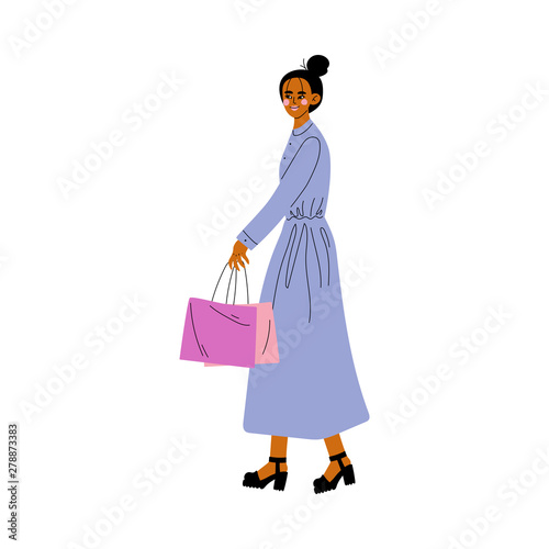 Beautiful Young Woman in Elegant Light Blue Dress Walking with Shopping Bag Vector Illustration