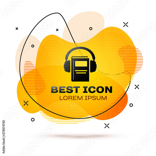 Black Audio book icon isolated on white background. Book with headphones. Audio guide sign. Online learning concept. Fluid color banner. Vector Illustration