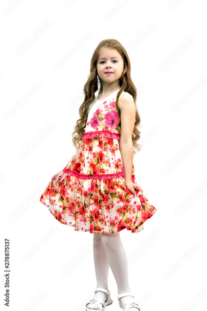 Adorable teen girl with long hair posing on white background