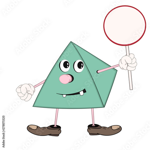 funny green cartoon pyramid in shoes holding a round plate in his hand, and smiling.