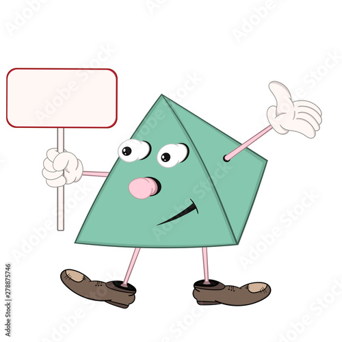 funny green cartoon pyramid in shoes holds in his hand a rectangular plate and raises his hand up.