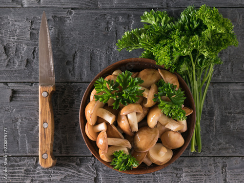 Mushrooms boletus, parsley and a knife on the village table.