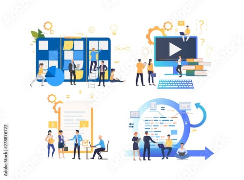Set of people cooperating at work. Group of men and women analyzing business. Business concept. Vector illustration can be used for presentation slide, new project, commercial