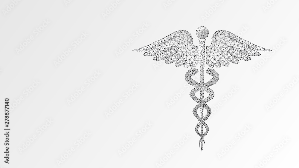 Caduceus health symbol. medical symbol, health care concept. Abstract, digital, wireframe, low poly mesh, vector white origami 3d illustration. Line dot Caduceus health symbol. medical symbol, health care concept. Abstract, digital, wireframe, low poly mesh, vector white origami 3d illustration. Line dot