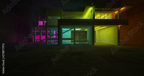 Abstract architectural concrete and white interior of a minimalist house with color gradient neon lighting. 3D illustration and rendering.