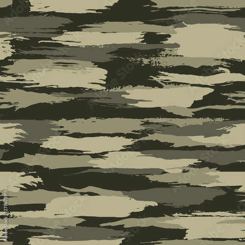 Grunge dark green camouflage, modern fashion design. Camo made brush strokes hand draws pattern. Fashionable Wallpaper or fabric print. Vector seamless texture. 
