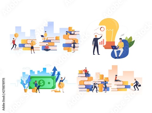 Collection of students studying business for money. Group of entrepreneurs learning, making financial report. Flat colorful vector illustration for promo, presentation, online course