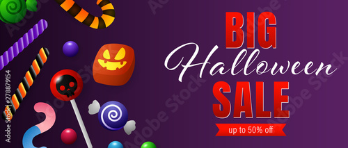 Big Halloween Sale lettering, candies and sweets. Invitation or advertising design. Handwritten and typed text, calligraphy. For leaflets, brochures, invitations, posters or banners.