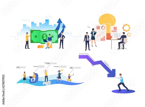 Collection of financiers making report on computer. Group of employees working in office. Flat colorful vector illustration for presentation, poster, new project
