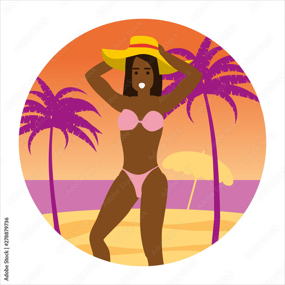 Icon activty on ocean sea summer girl in a hat sunbathes