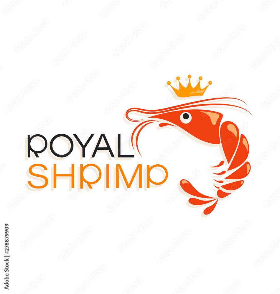 Obraz premium Royal shrimp and crown. Symbol and inscription. Emblem. Logo design and name for the corporate identity of the restaurant, shop, processing plant. The inscription with a shadow on a white background.