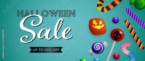 Halloween Sale lettering with cute candies and sweets. Invitation or advertising design. Handwritten and typed text, calligraphy. For leaflets, brochures, invitations, posters or banners.