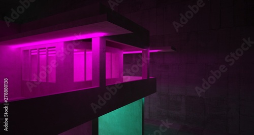 Fototapeta Naklejka Na Ścianę i Meble -  Abstract architectural concrete and white interior of a minimalist house with color gradient neon lighting. 3D illustration and rendering.