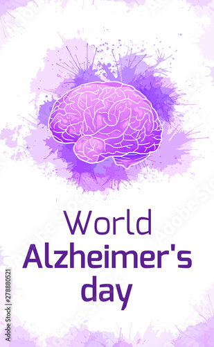 International Alzheimers Day. Vertical card with human brain on purple watercolor stains. Disease and extinction. Vector banner for medical articles, banners, cards and your design.