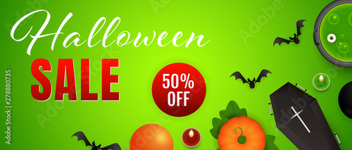 Halloween Sale, fifty percent off lettering, pumpkins and potion. Invitation or advertising design. Handwritten and typed text, calligraphy. For leaflets, brochures, invitations, posters or banners.