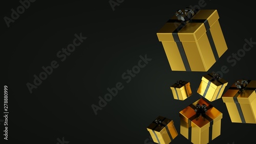 Black gift boxes with gold ribbon on black background. 3D rendering.