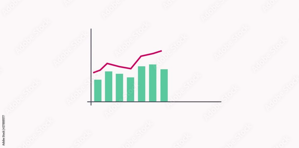 Raising green bars of graph animation with the red annotating arrow on white background. Grow chart business concept. Chart animation for business presentation.