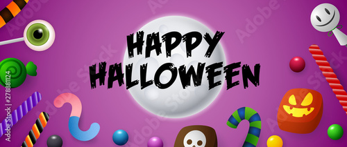 Happy Halloween lettering on moon with sweets and candies. Invitation or advertising design. Typed text, calligraphy. For leaflets, brochures, invitations, posters or banners.