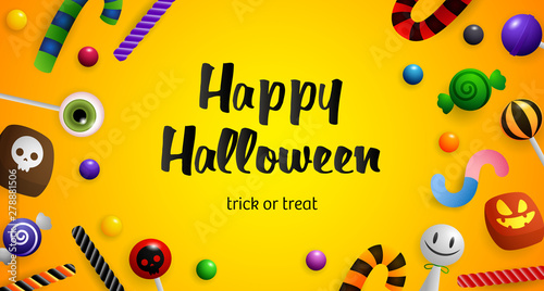 Happy Halloween, Trick or Treat lettering and confectionery. Invitation or advertising design. Handwritten and typed text, calligraphy. For leaflets, brochures, invitations, posters or banners.
