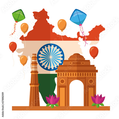 map with indian flag and gate building independence day