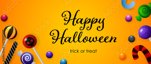 Happy Halloween, Trick or Treat lettering, lollipops and sweets. Invitation or advertising design. Handwritten and typed text, calligraphy. For leaflets, brochures, invitations, posters or banners.