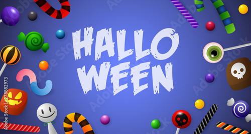 Halloween lettering with candies. Invitation or advertising design. Typed text, calligraphy. For leaflets, brochures, invitations, posters or banners.