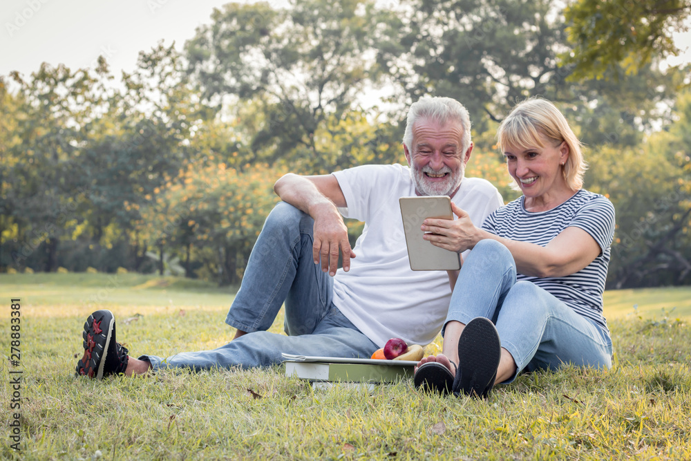 Elderly couple is sitting on a tablet in the park.