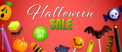 Halloween Sale, fifty percent off lettering with cute sweets. Invitation or advertising design. Handwritten and typed text, calligraphy. For leaflets, brochures, invitations, posters or banners.