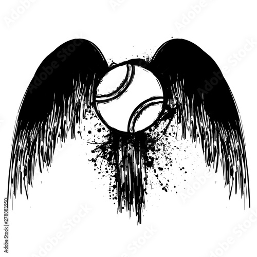 Black grunge tennis ball silhouette with ink splash isolated on white background