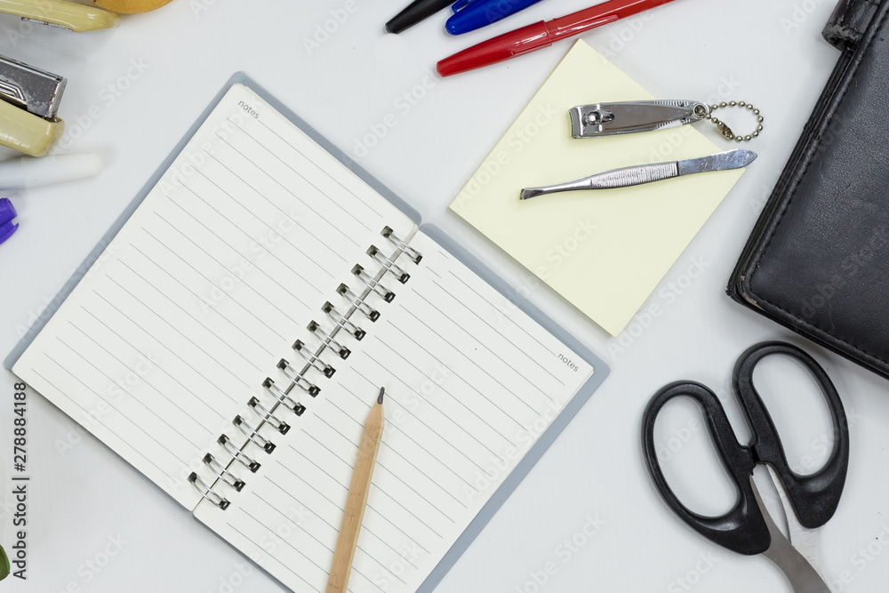 Set of office supplies for work with white background