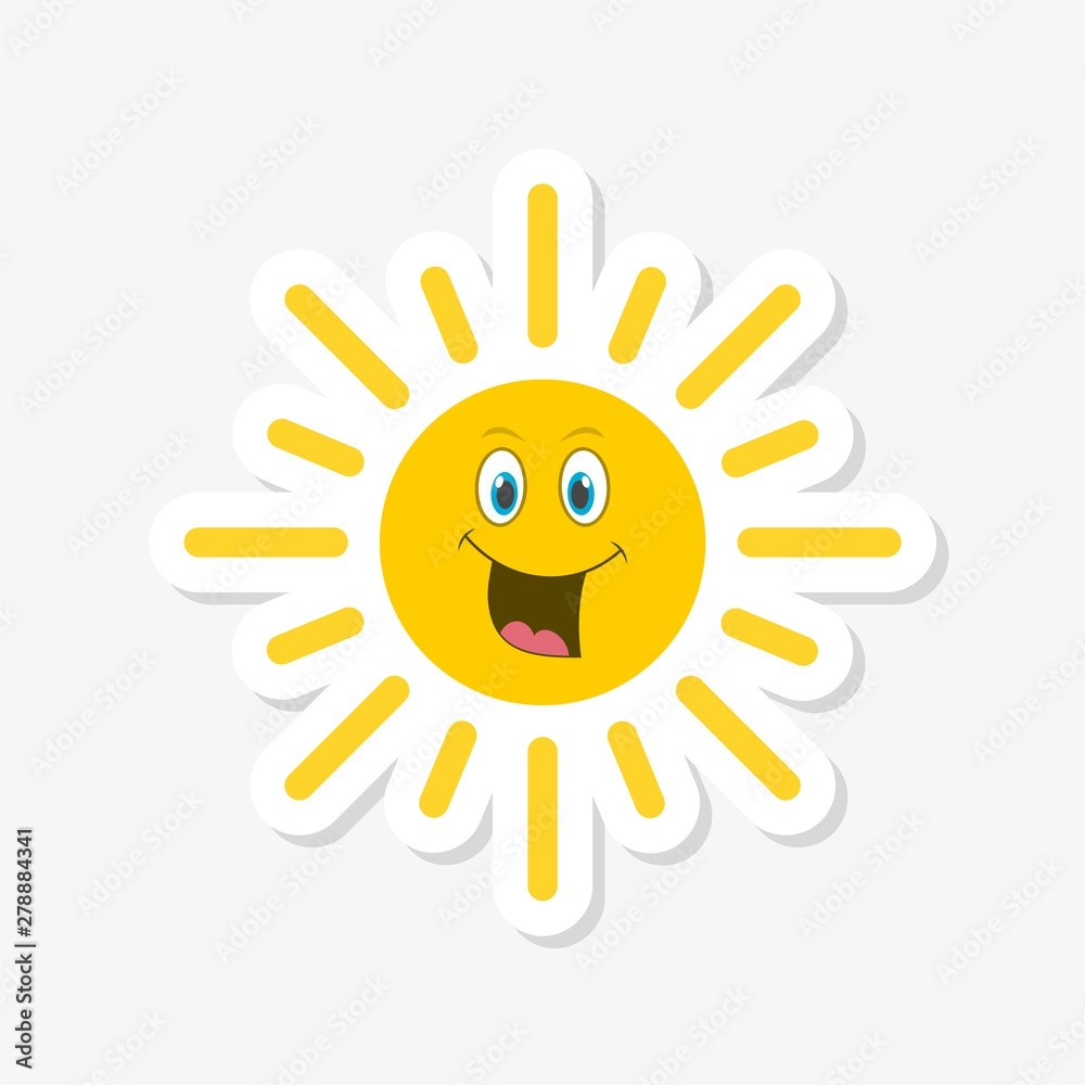 Cute sun with smile sticker isolated on white background