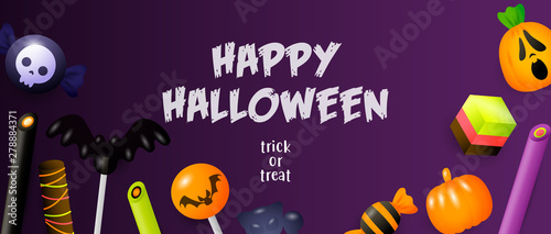 Happy Halloween, Trick or Treat lettering with sweets. Invitation or advertising design. Typed text, calligraphy. For leaflets, brochures, invitations, posters or banners.