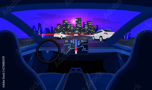 Autonomous autopilot smart driverless electric car self-driving on road to city. Viewed from the car interior dashboard display. Vector cartoon style with night skyline panoramic perspective horizon.