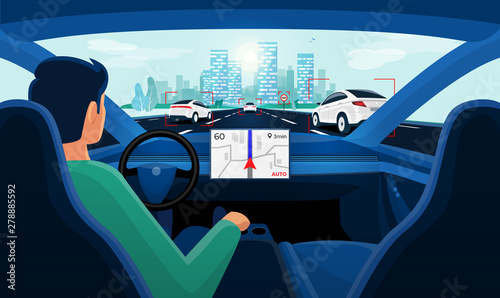 Fotografia Autonomous smart driverless electric car self-driving on road to city