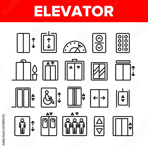 Passenger Elevator, Lift Vector Linear Icons Set. Condominium Indoor Elevator Door Outline Symbols Pack. Apartment Building Lift With Up And Down Buttons Isolated Contour Illustrations