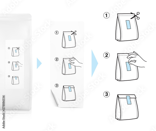 Reusable closing packing guide.Adhesive label with user instruction.  Vector elements on white background. Ready for use for your design  promo  advertising. EPS10.