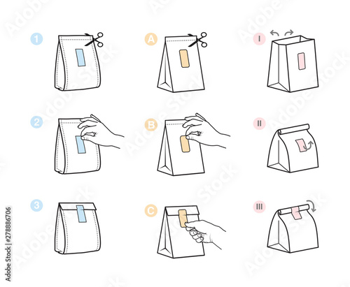 Reusable closing packing guide.Adhesive label with user instruction. Vector elements on white background. Ready for use for your design, promo, advertising. EPS10.	
