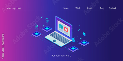 Webpage template, isometric design concept of content marketing service with icons and text. 3d style web banner. © Sammby