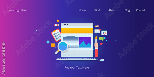 Content research, writing and marketing, digital content promotion, blog post, social media concept with icons and text.