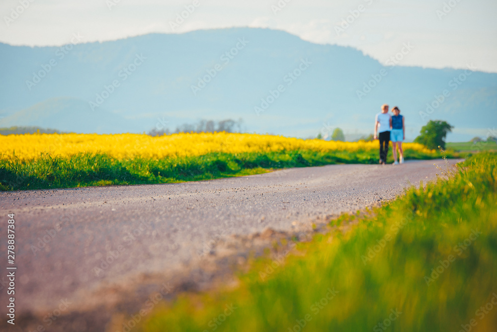 Romantic young couple walking on the road, white edit space