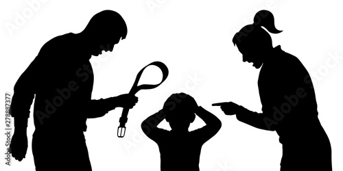 Parents shout at the child at the father in hands a belt. Baby abuse. Parents scold the children. Silhouette vector on white background photo