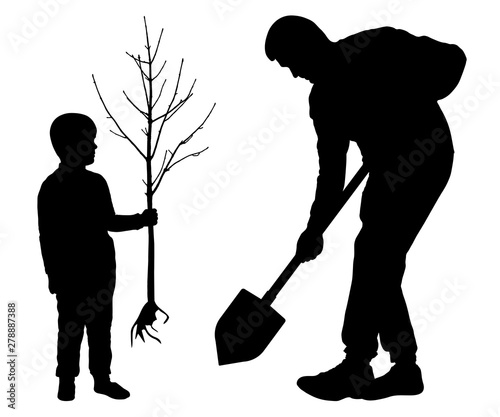 Planting tree with baby. Man holds a spade and child holds a tree seedling. Silhouette vector on white background