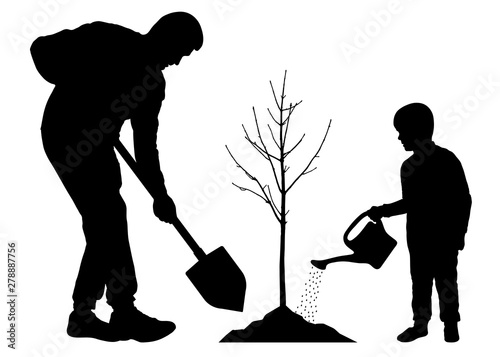 Planting tree with baby. Father and son plant a tree seedling. Silhouette vector on white background