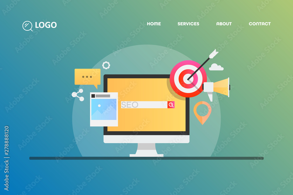 Seo, target marketing, social media concept, vector web banner with icons and text. Seo, target marketing, social media concept, vector web banner with icons and text.