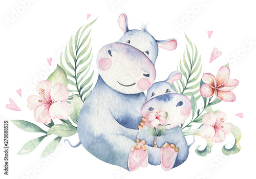 Hand drawn cute isolated tropical summer watercolor hippo animals. hippopotamus baby and mother cartoon animal illustrations, jungle tree, brazil trendy design. Aloha collection. photo