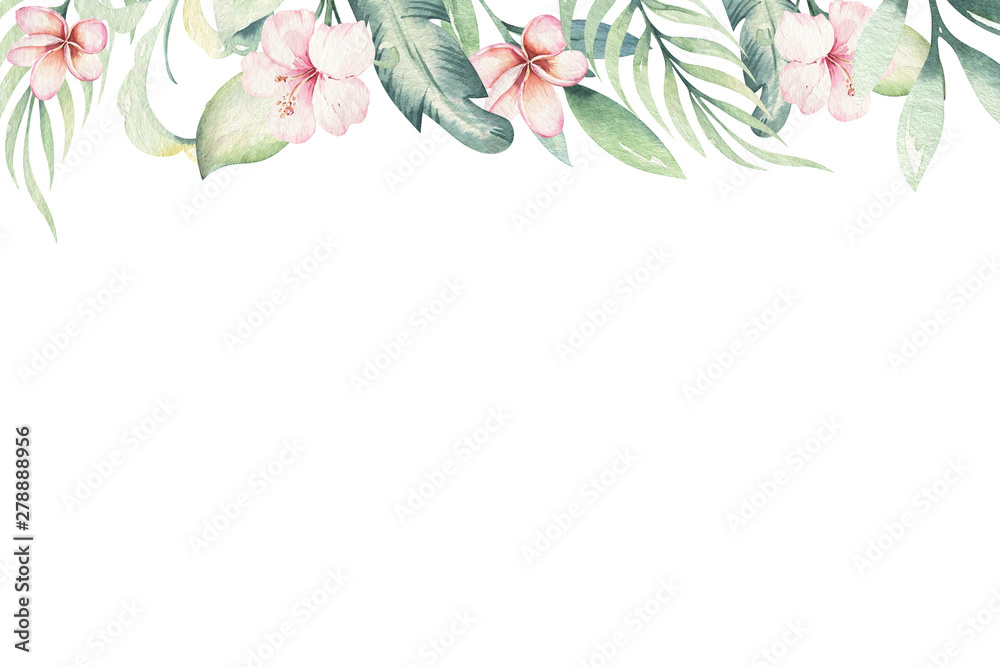 Hand drawn watercolor tropical flower background. Exotic palm leaves, jungle tree, brazil tropic botanical decoration botany elements and flowers. Perfect for fabric design.
