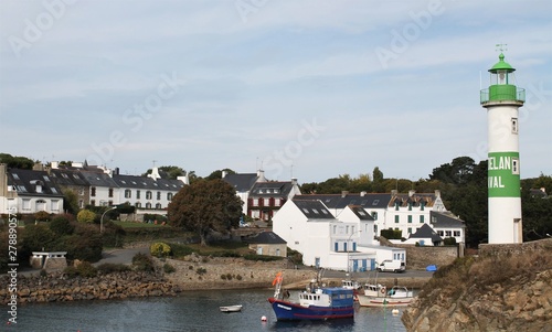 Doelan harbour and its green lighthouse, Brittany, France photo