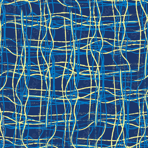 Yellow and blue hand drawn strands of fibre lines in grid design. Seamless geometric vector pattern on blue background. Great as a texture, for packaging, wellness products, fabric, stationery,