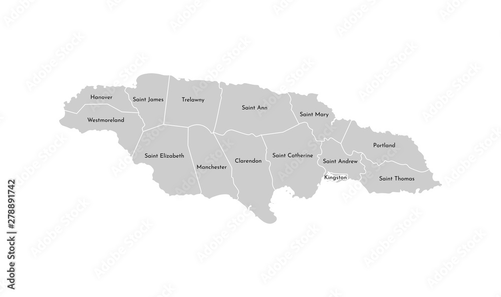 Fototapeta premium Vector isolated illustration of simplified administrative map of Jamaica. Borders and names of the parishes (regions). Grey silhouettes. White outline