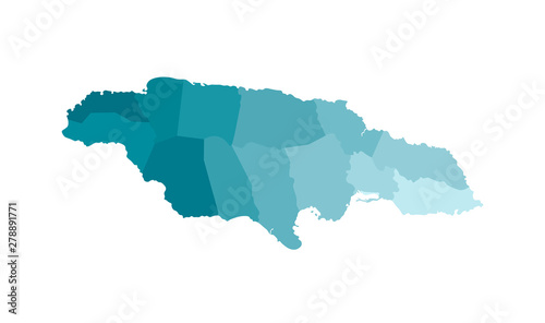 Vector isolated illustration of simplified administrative map of Jamaica. Borders of the parishes (regions). Colorful blue khaki silhouettes photo